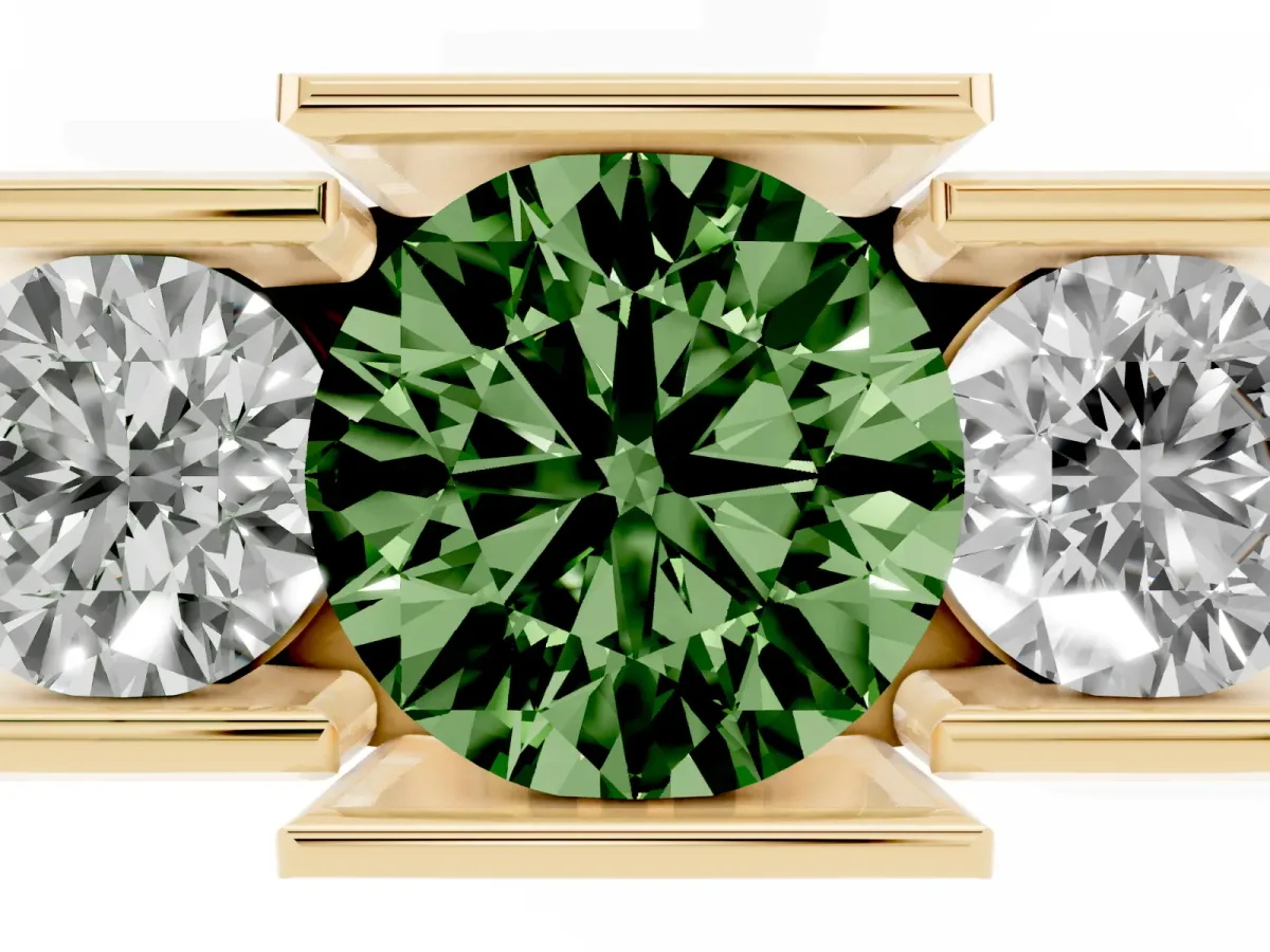 Fancy Green Three Stone Round Cut Cut Channel Set Diamond Ring Yellow gold