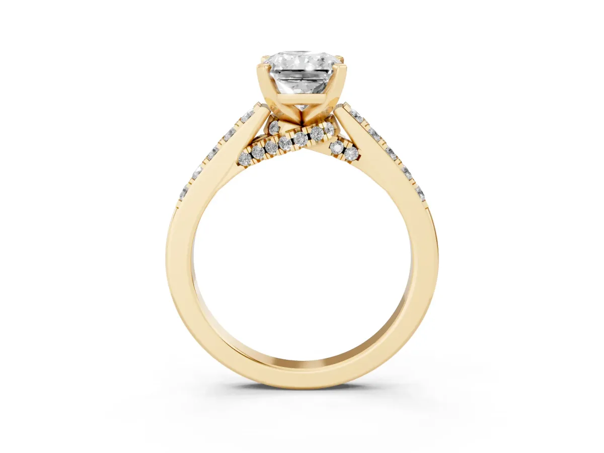 Radiant Cut Diamond Solitaire Ring with Crossover Gallery and Round Pavé Band Yellow gold