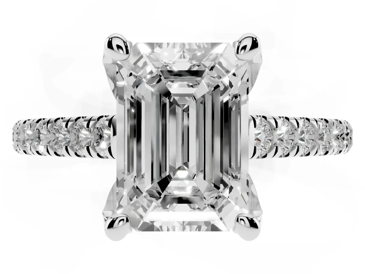 Emerald Cut Brilliant Diamond Solitaire with Pavé Band and Four-Prong Setting Silver