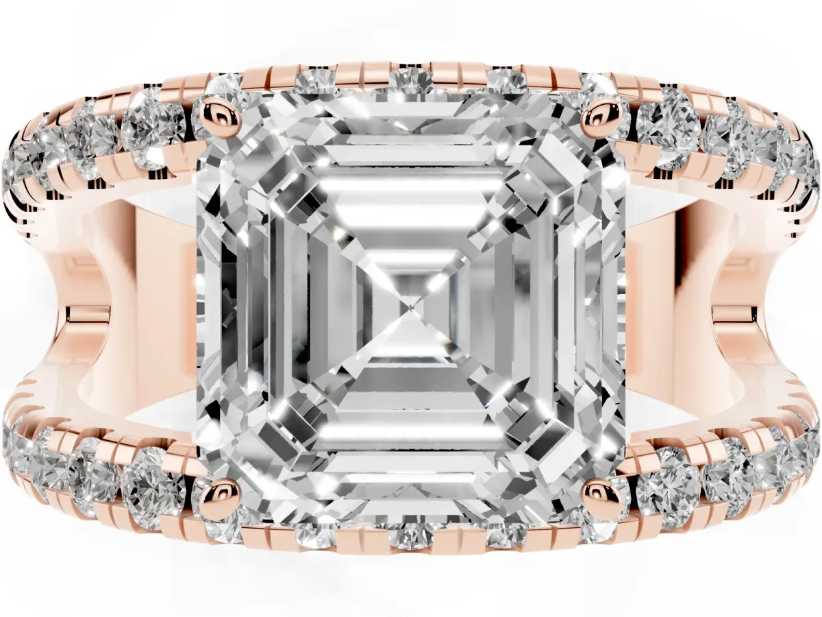 Asscher Cut Solitaire Split Shank Pave Diamond Ring Rose gold