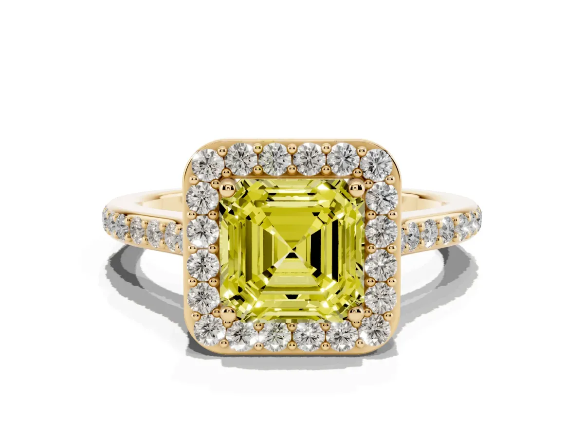 Fancy Yellow Asscher Cut Diamond Halo Engagement Ring with Round Pavé Shoulders and Prong Setting Yellow gold