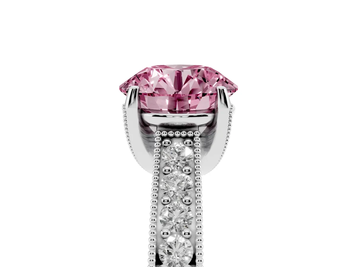 Fancy Pink Round Cut Cut Diamond Solitaire Ring with Milgrain Pave Band and Four Prong Setting Silver