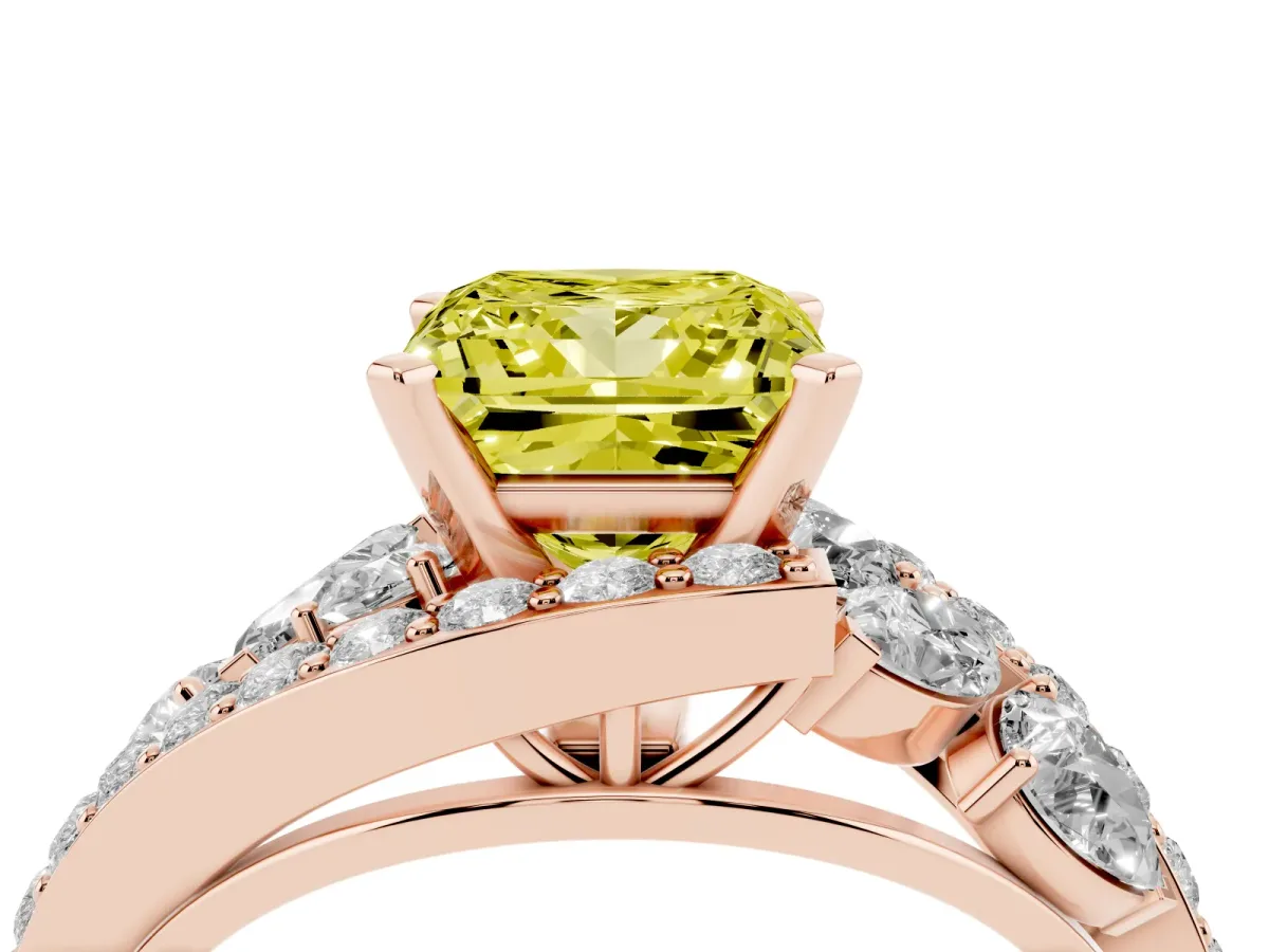 Fancy Yellow Princess Cut Diamond Halo Ring with Marquise and Pavé Band in Prong Setting Rose gold