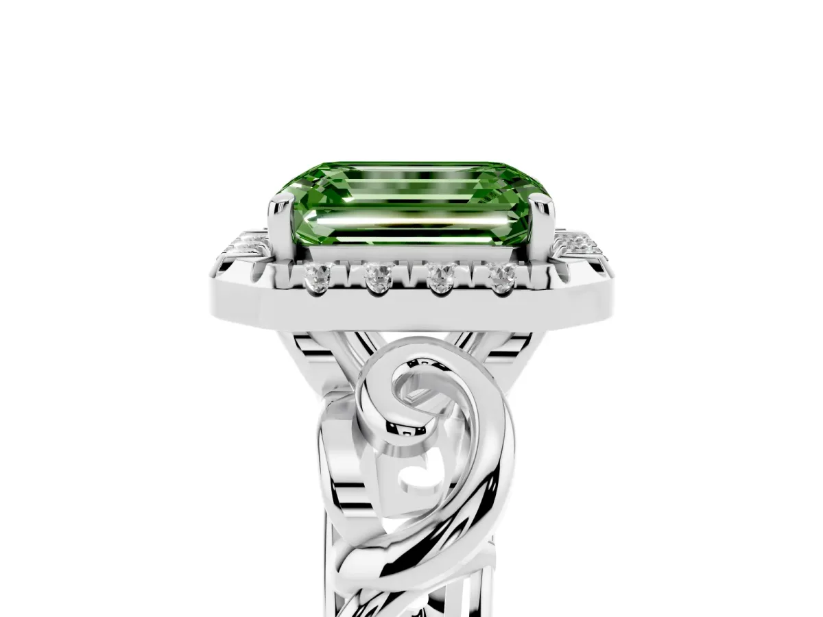 Fancy Green Emerald Cut Cut Halo Diamond Ring with Scrollwork Band and Four-Prong Setting Silver