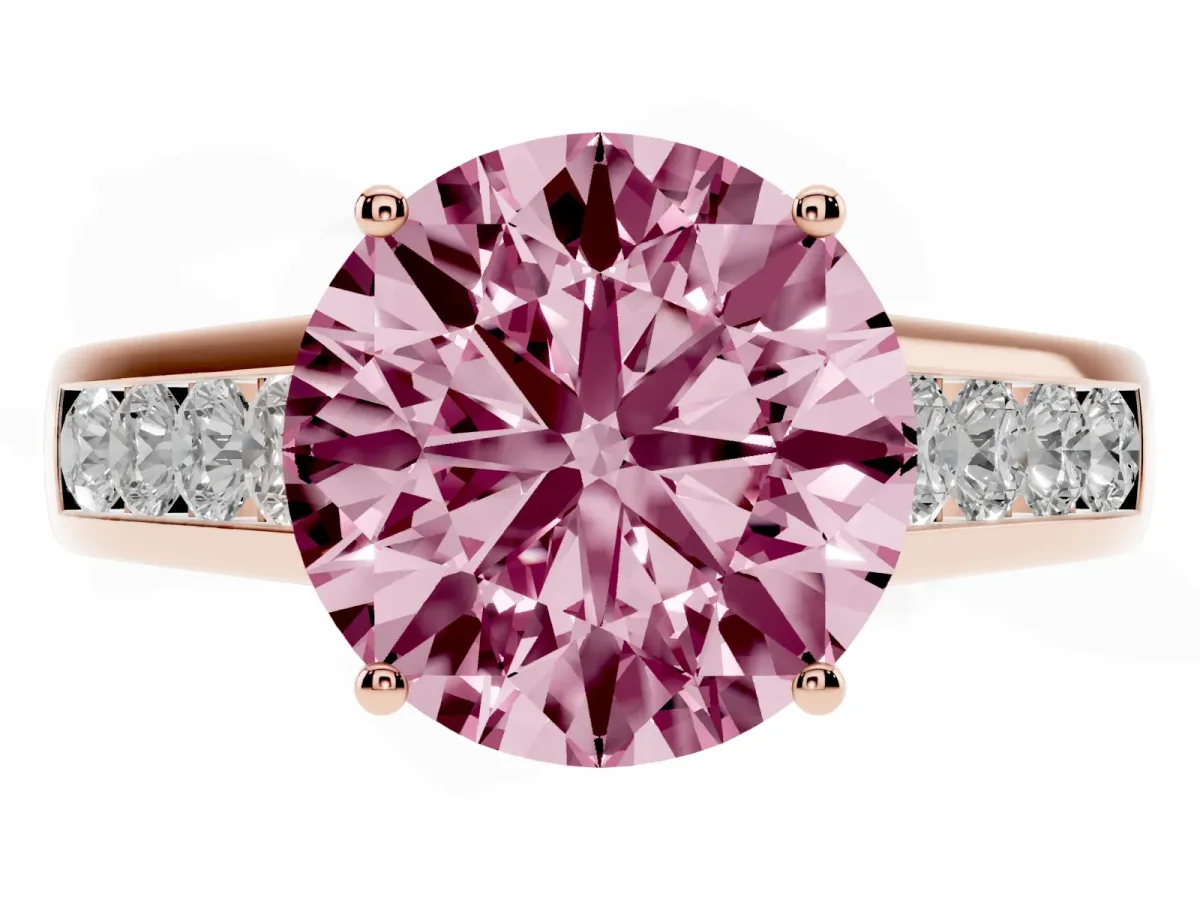 Fancy Pink Round Cut Brilliant Channel-Set Solitaire Ring with Four-Prong Setting Rose gold