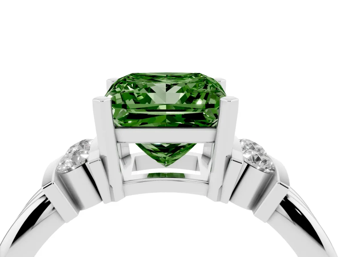 Fancy Green Princess Cut Cut Three-Stone Channel Set Ring with Bar Prongs Silver