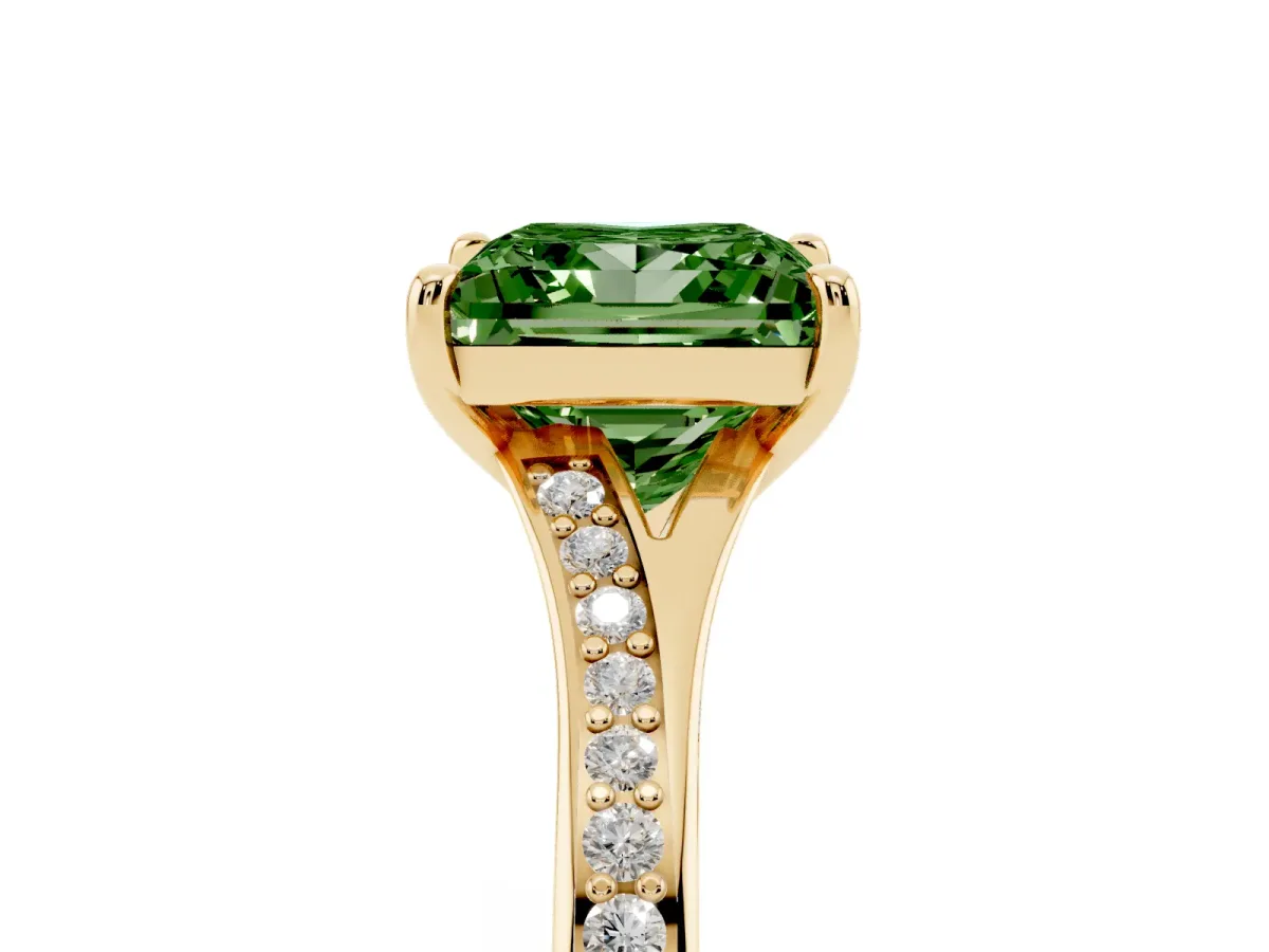 Fancy Green Princess Cut Diamond Solitaire Ring with Pavé Band and Prong Setting Yellow gold