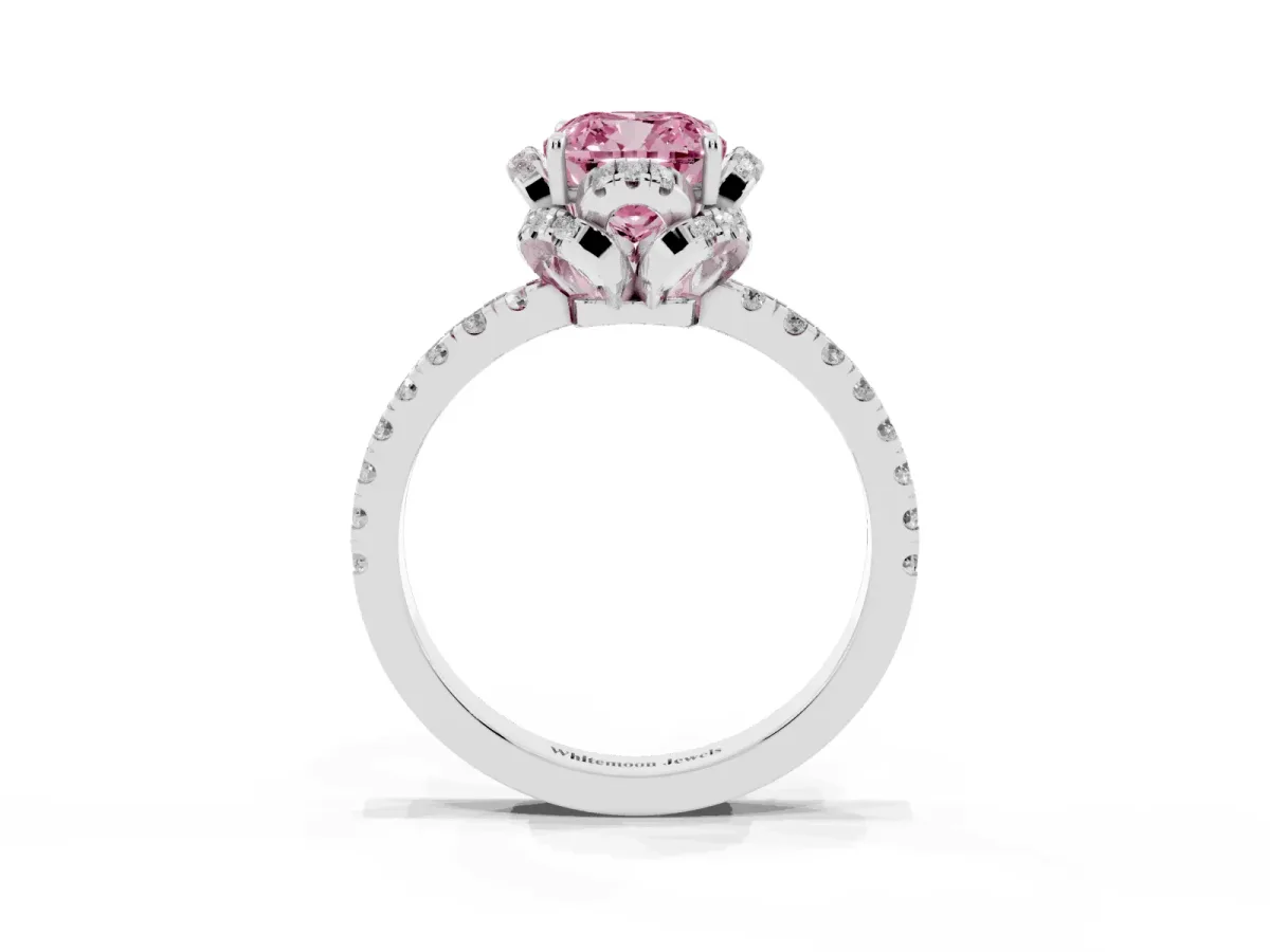 Fancy Pink Cushion Cut Halo Diamond Pave Band Ring with Four-Prong Setting Silver