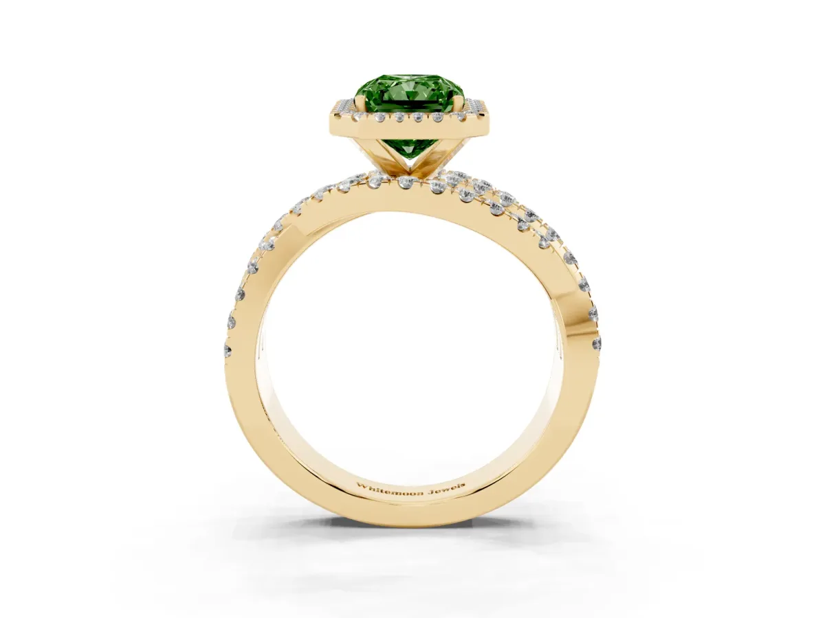 Fancy Green Radiant Cut Diamond Halo Ring with Round Split Shank and Prong Setting Yellow gold