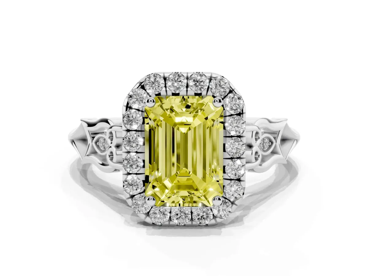 Fancy Yellow Emerald Cut Halo Diamond Engagement Ring with Filigree Band and Four-Prong Setting Platinum
