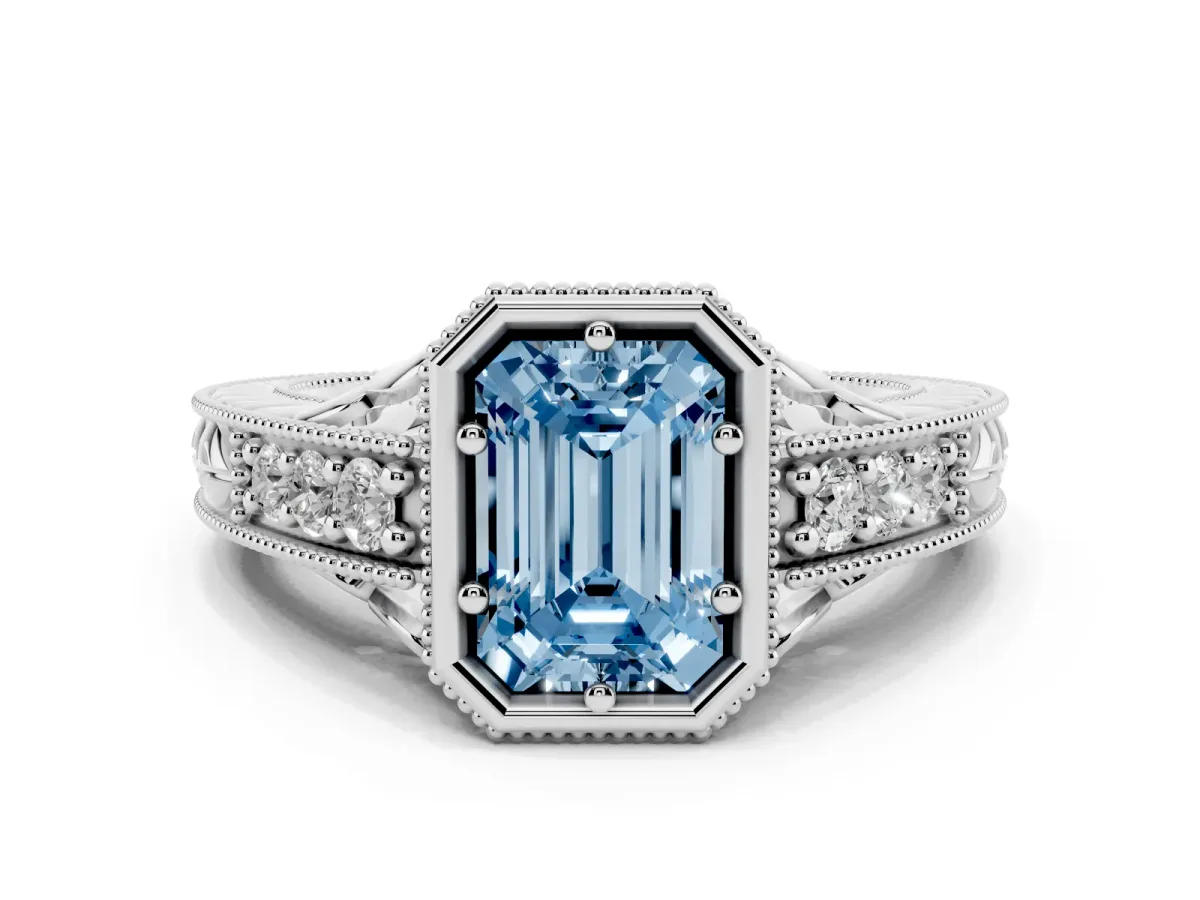 Fancy Blue Bezel Set Emerald Cut Diamond Milgrain Pave Engagement Ring Platinum