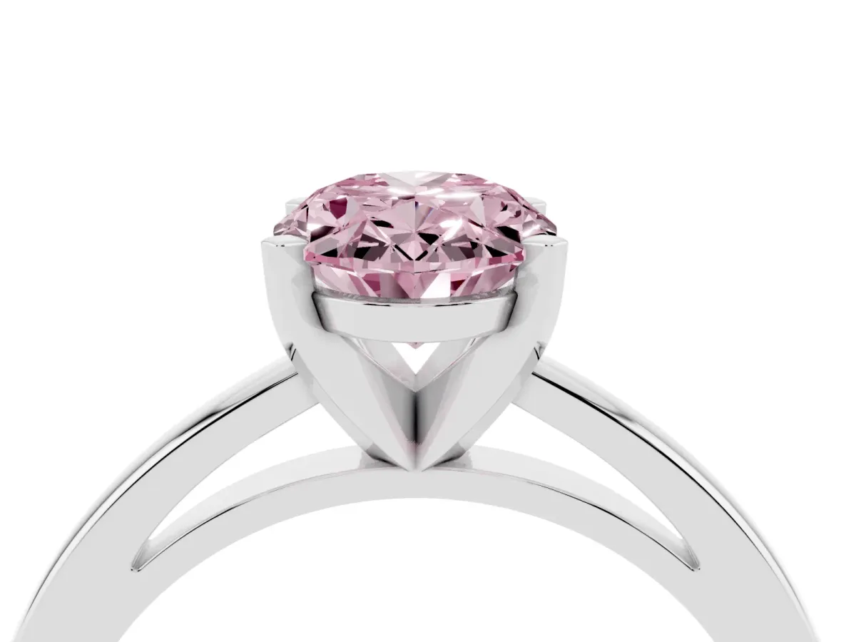 Fancy Pink Oval Cut Solitaire Diamond Engagement Ring with Four-Prong Setting on a Classic Band Platinum