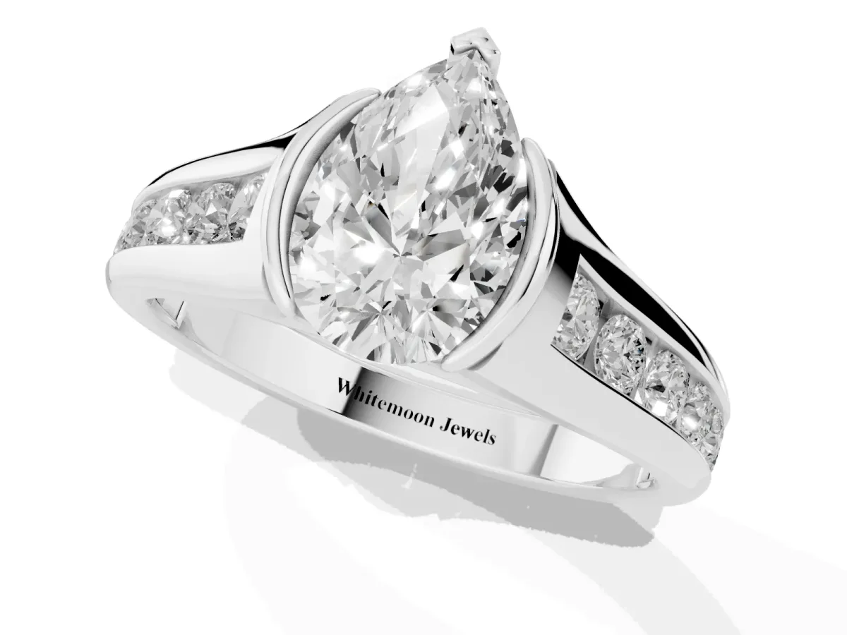 Pear Cut Solitaire Bezel-Set Diamond Ring with Channel-Set Band Silver