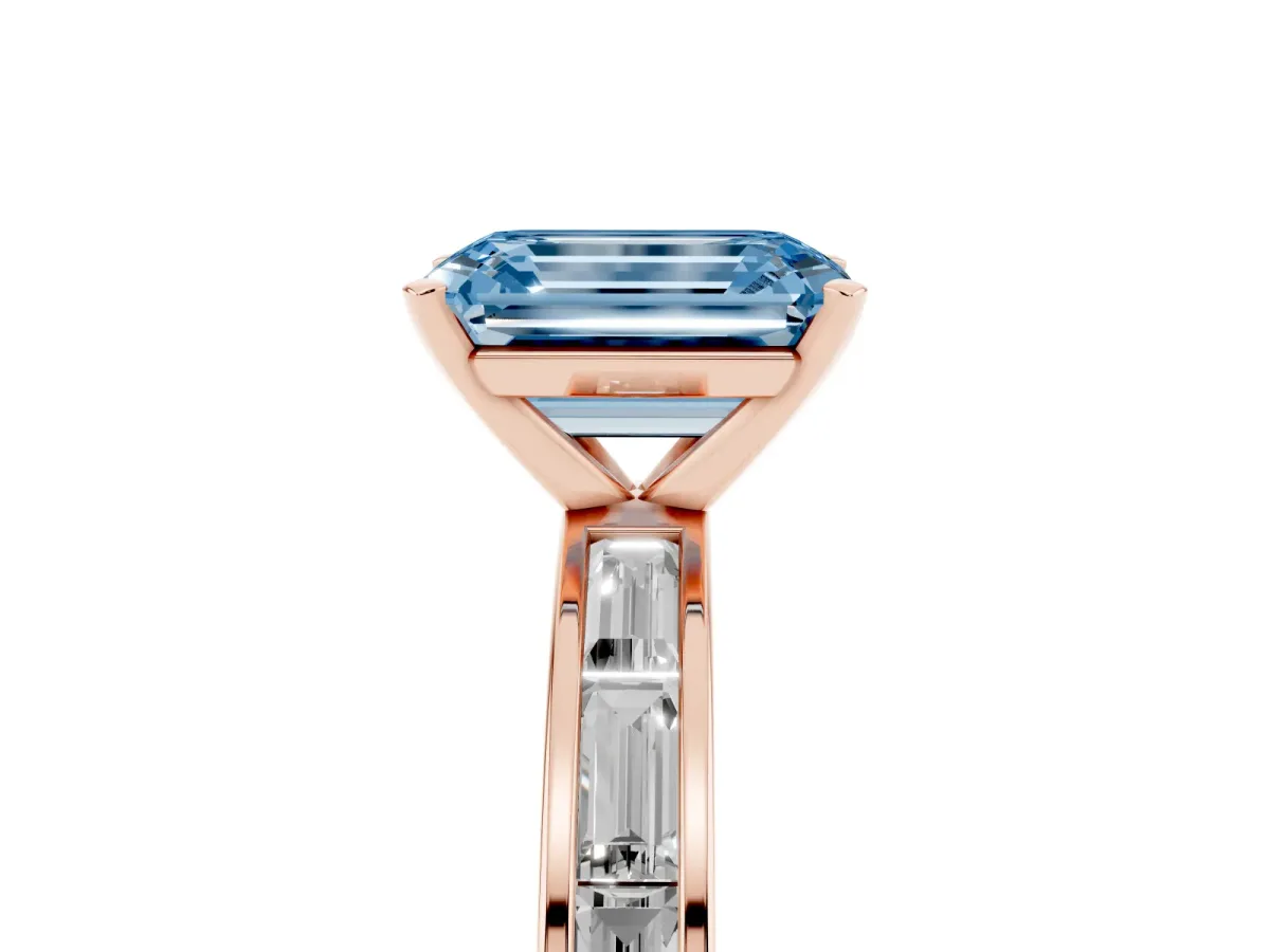 Fancy Blue Emerald Cut Solitaire Diamond Ring with Channel-Set Baguette Band and Four-Prong Setting Rose gold