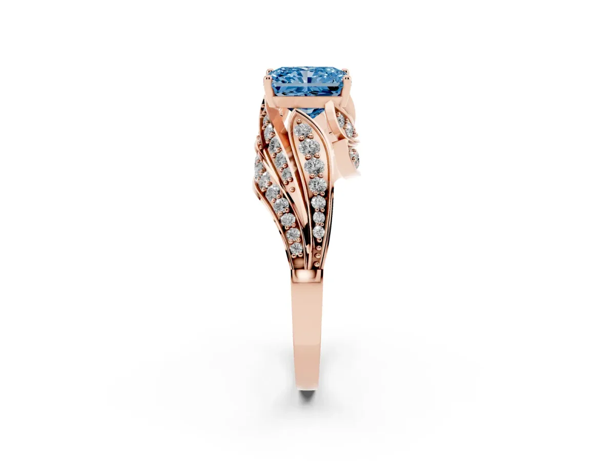 Fancy Blue Radiant Cut Diamond Solitaire Ring with Prong Setting and Twisted Pavé Band Rose gold