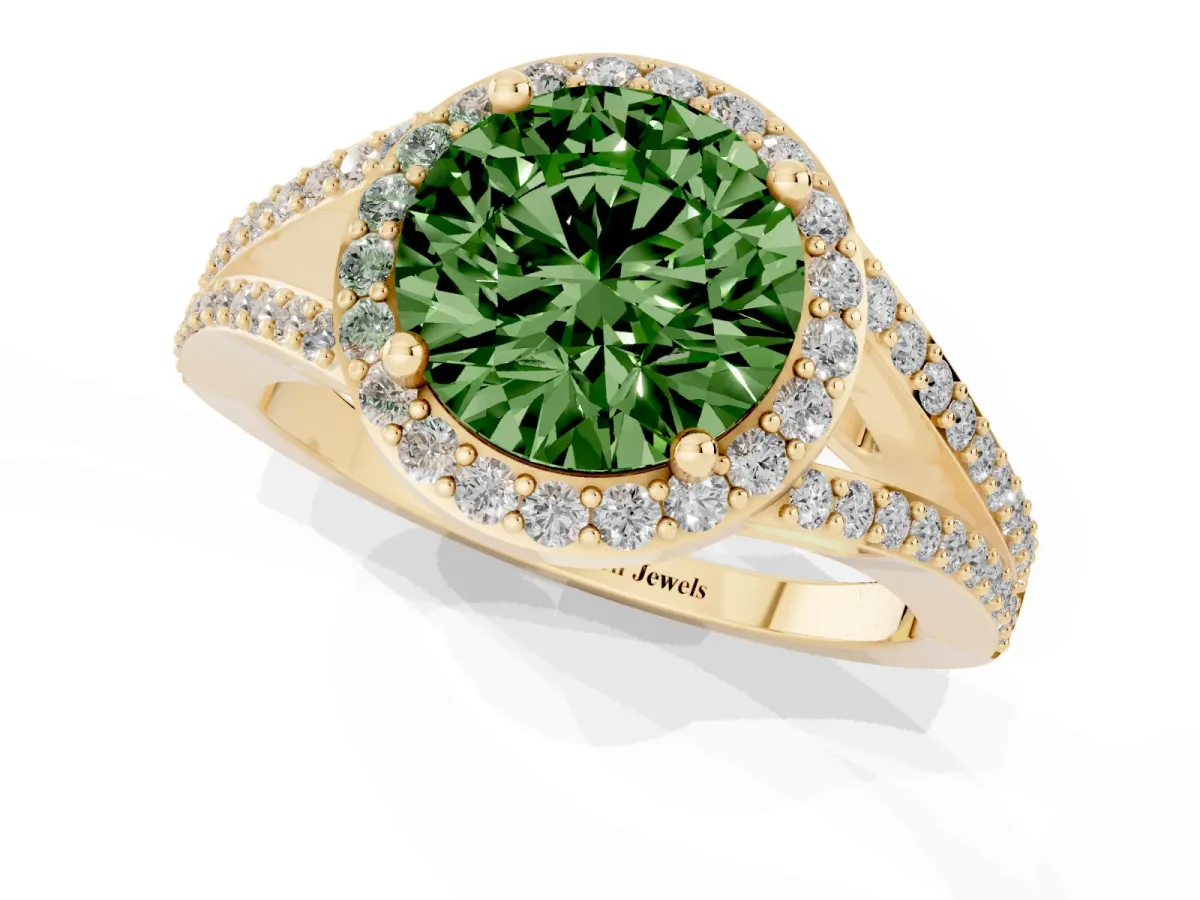 Fancy Green Round Cut Halo Split Shank Diamond Ring with Prong Setting Yellow gold