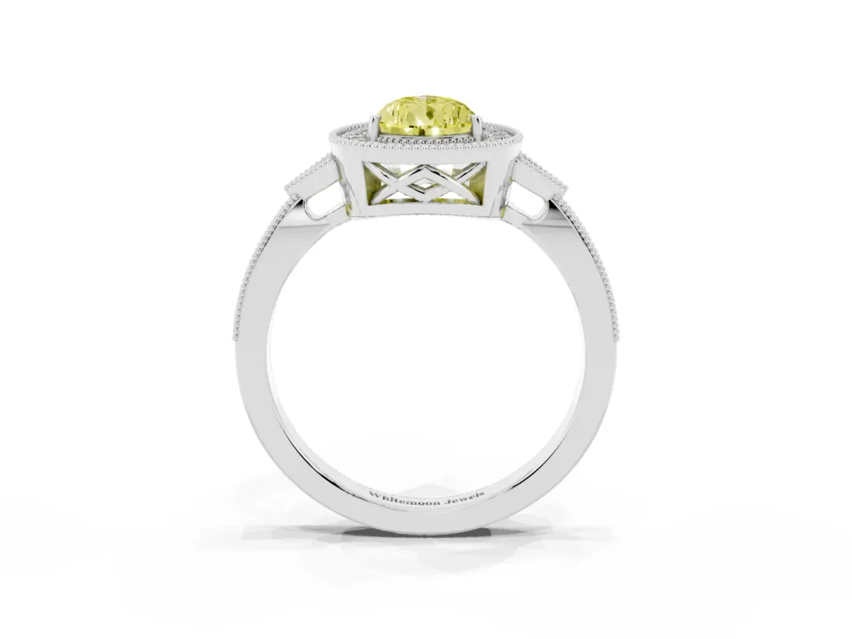 Fancy Yellow Pear Cut Halo Round Diamond Milgrain Pave Engagement Ring Platinum