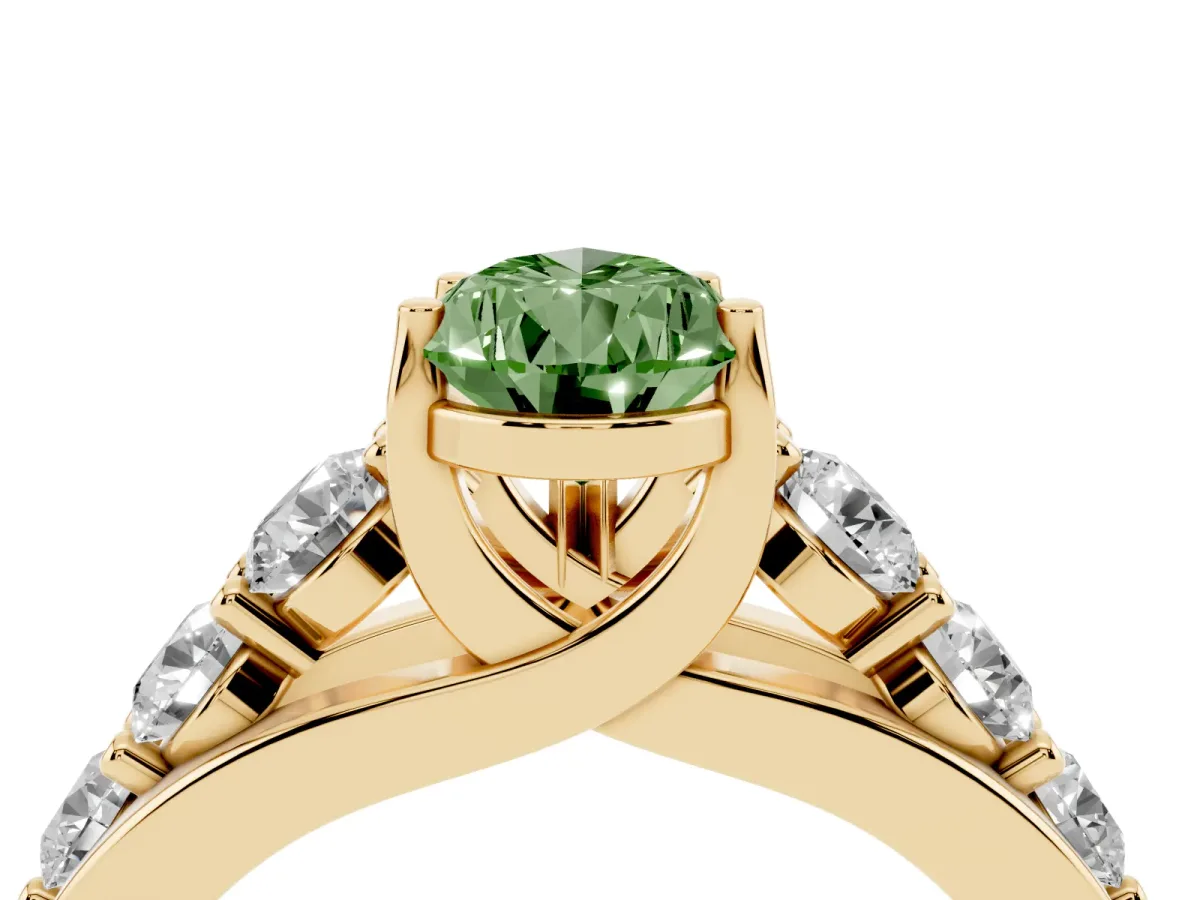 Fancy Green Pear Cut Diamond Engagement Ring with Pavé Band and Four-Prong Setting Yellow gold