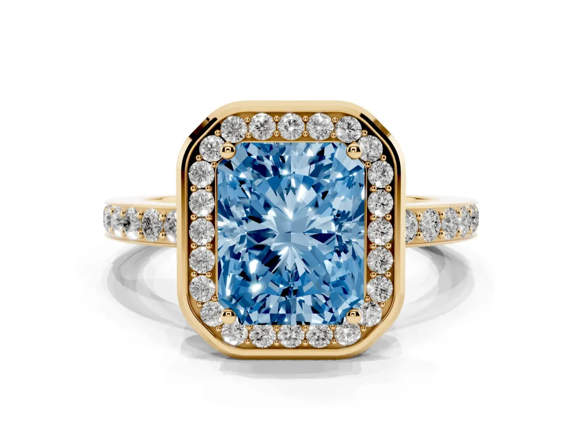Fancy Blue Radiant Cut Diamond Halo Ring with Bezel Frame and Pavé Band Yellow gold