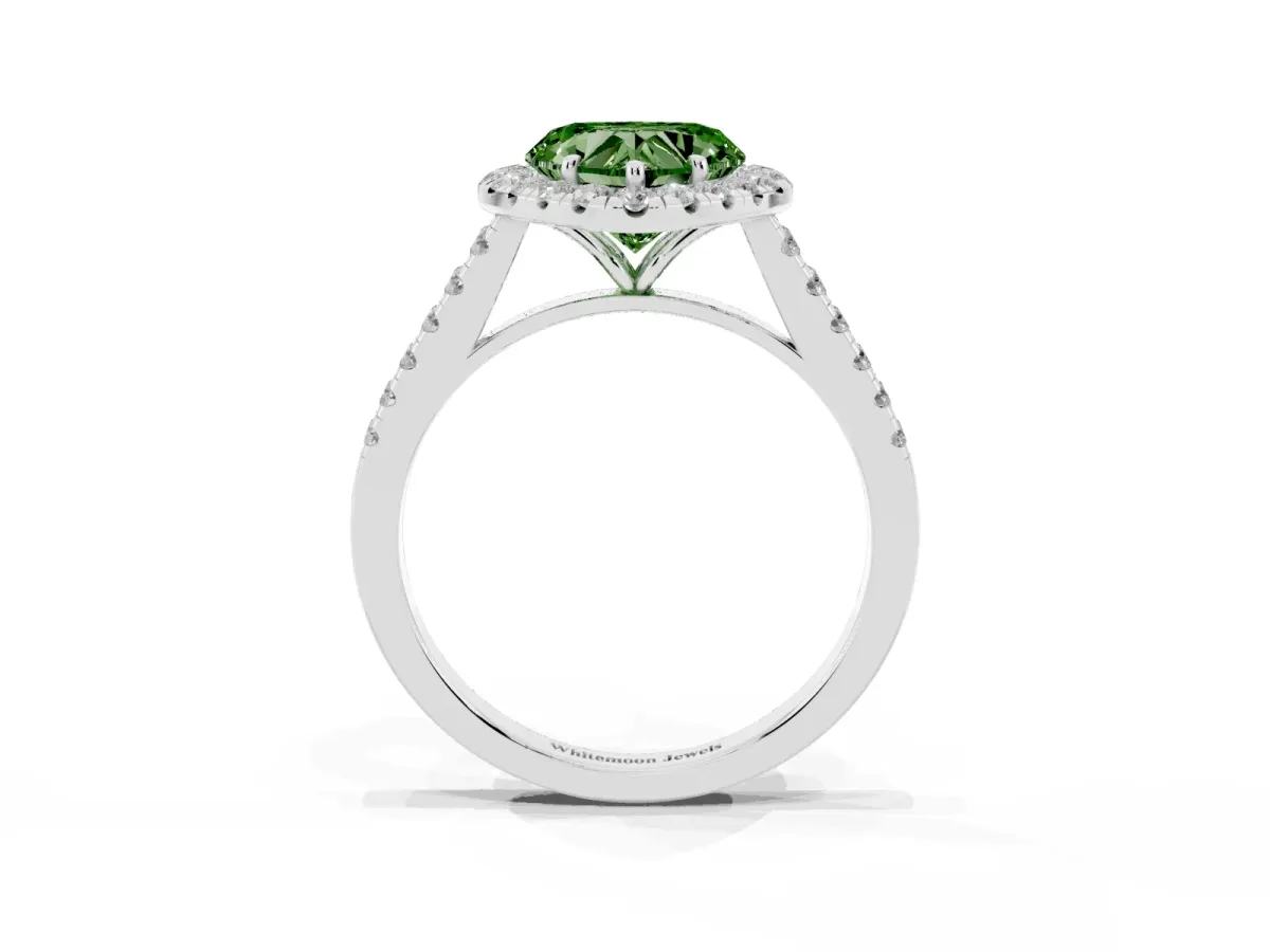 Fancy Green Heart Cut Halo Pave Diamond Engagement Ring with Four-Prong Setting Platinum