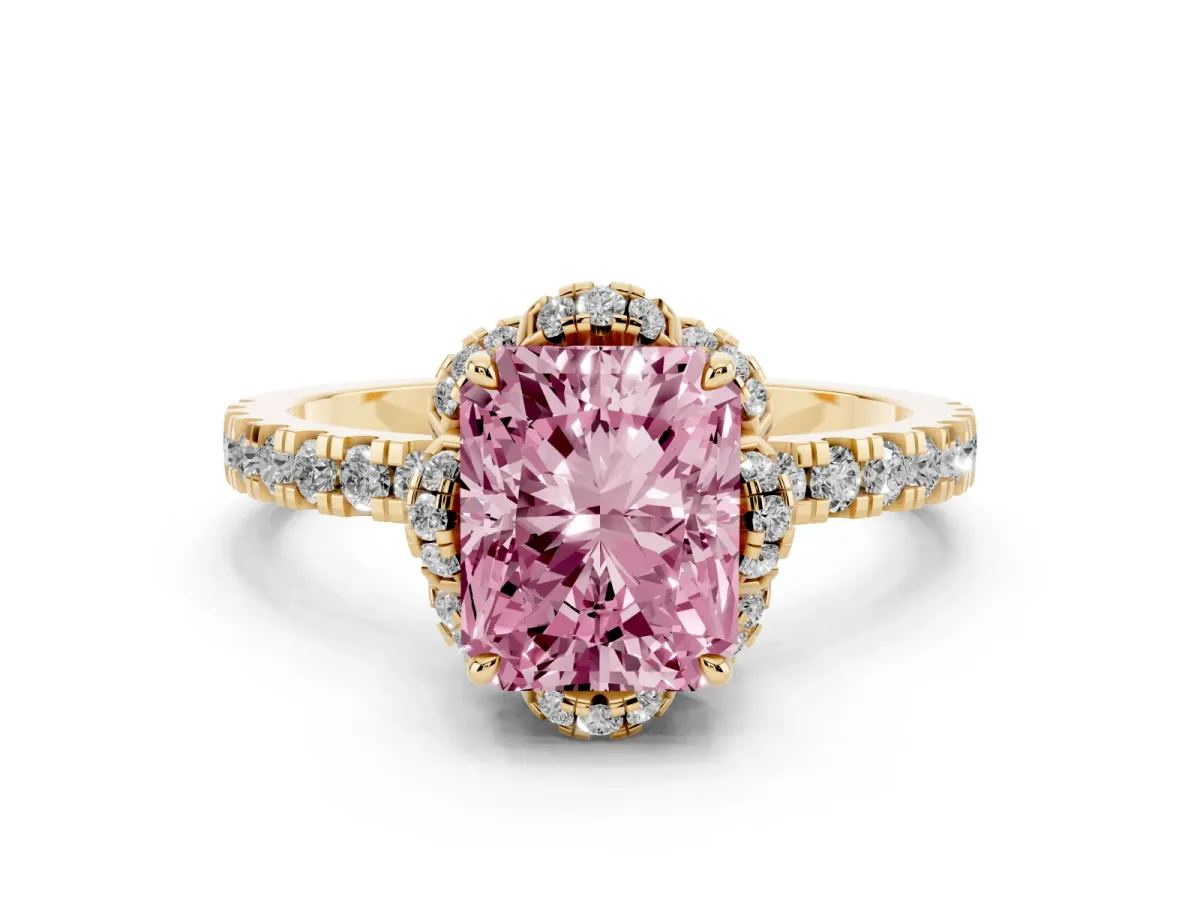 Fancy Pink Radiant Cut Diamond Halo Pave Band with Four-Prong Setting Yellow gold