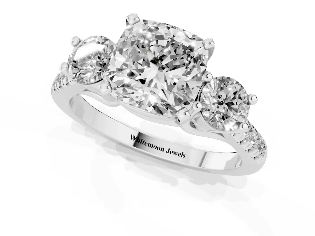 Three-Stone Cushion Cut Diamond Pavé Band with Four-Prong Setting Silver