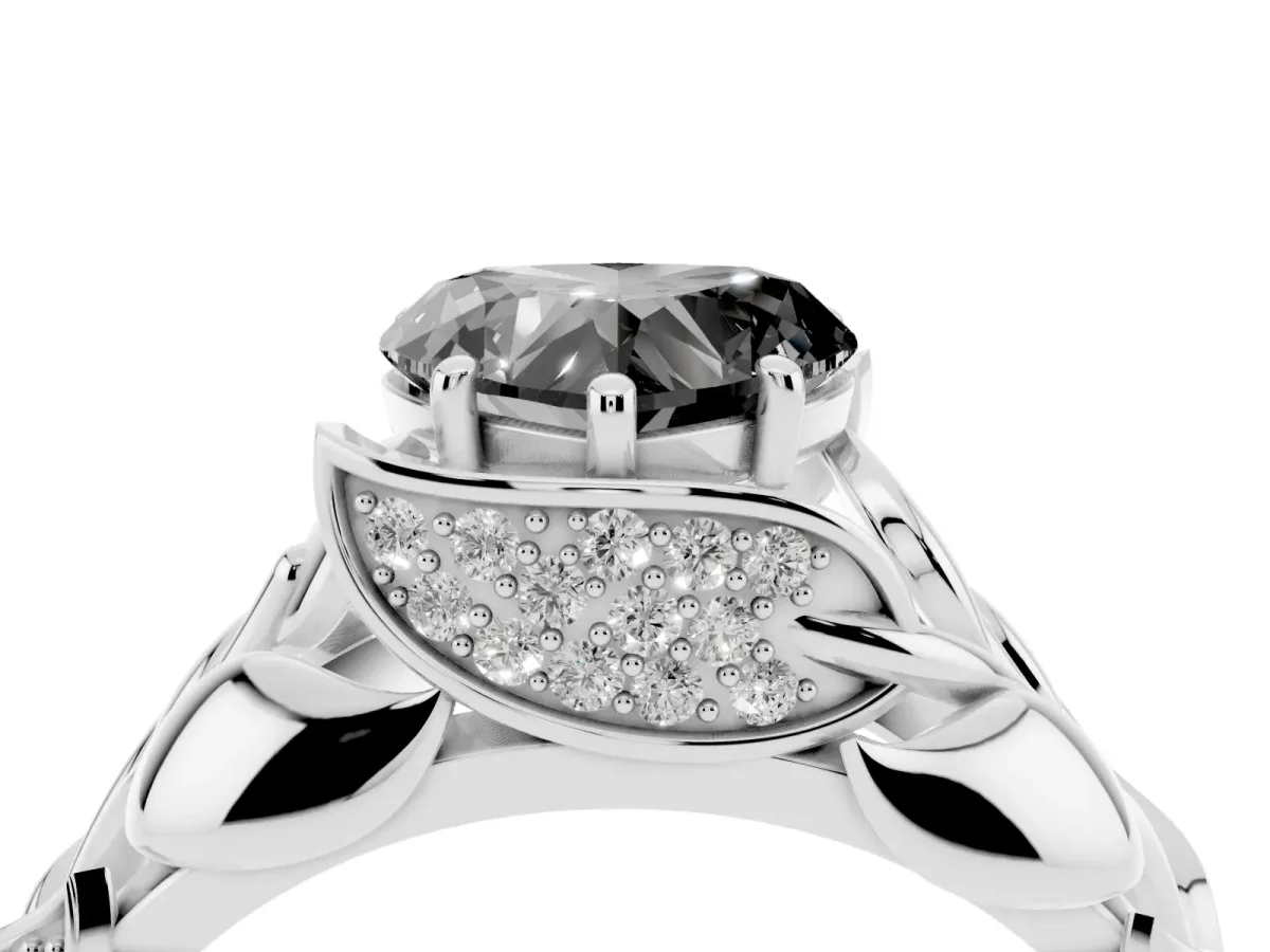 Fancy Black Heart Cut Diamond Leaf-Inspired Engagement Ring with Round Accents and Prong Setting Silver