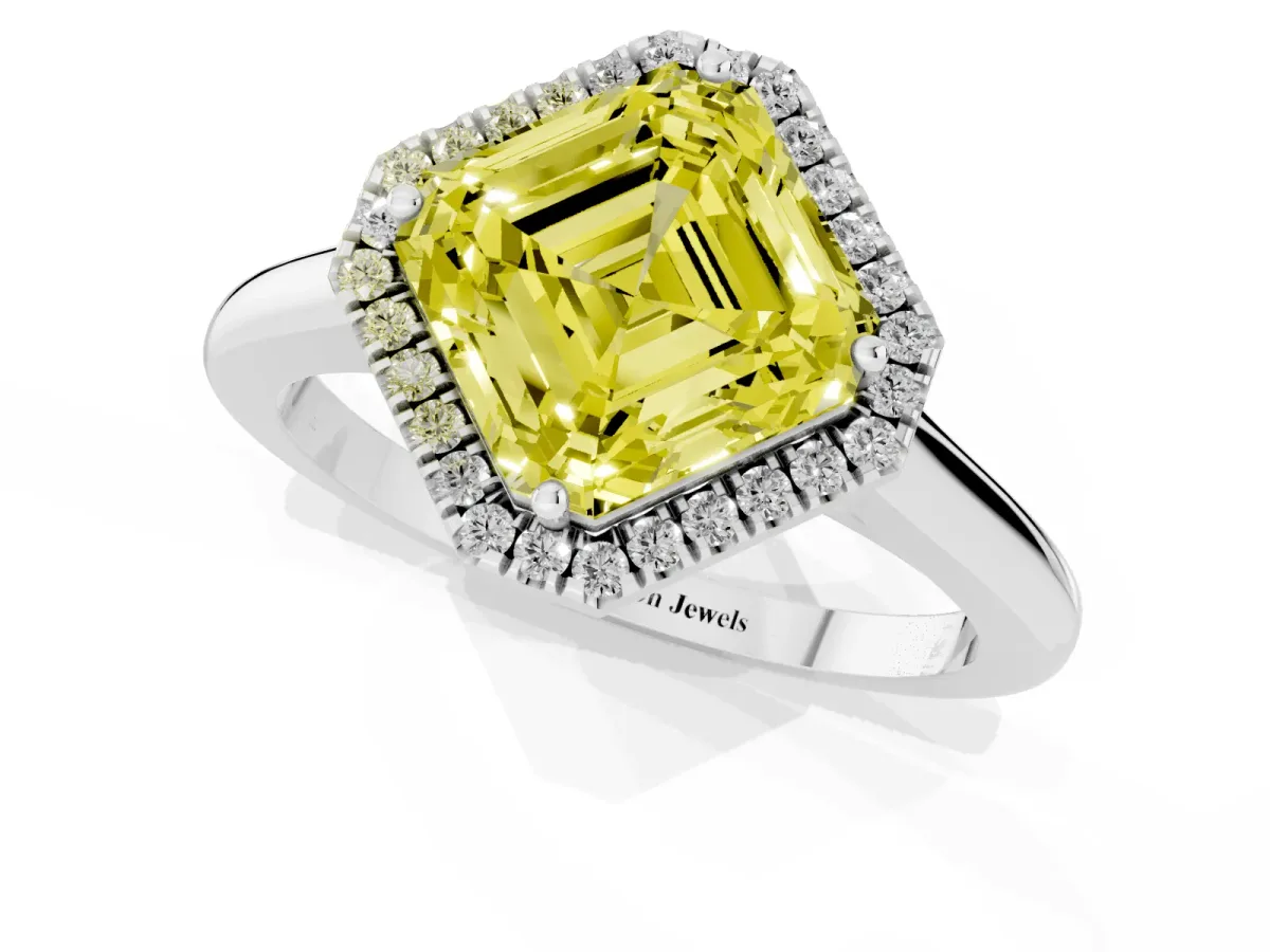 Fancy Yellow Asscher Cut Halo Round Diamond Solitaire Engagement Ring with Pave Band and Four-Prong Setting Silver