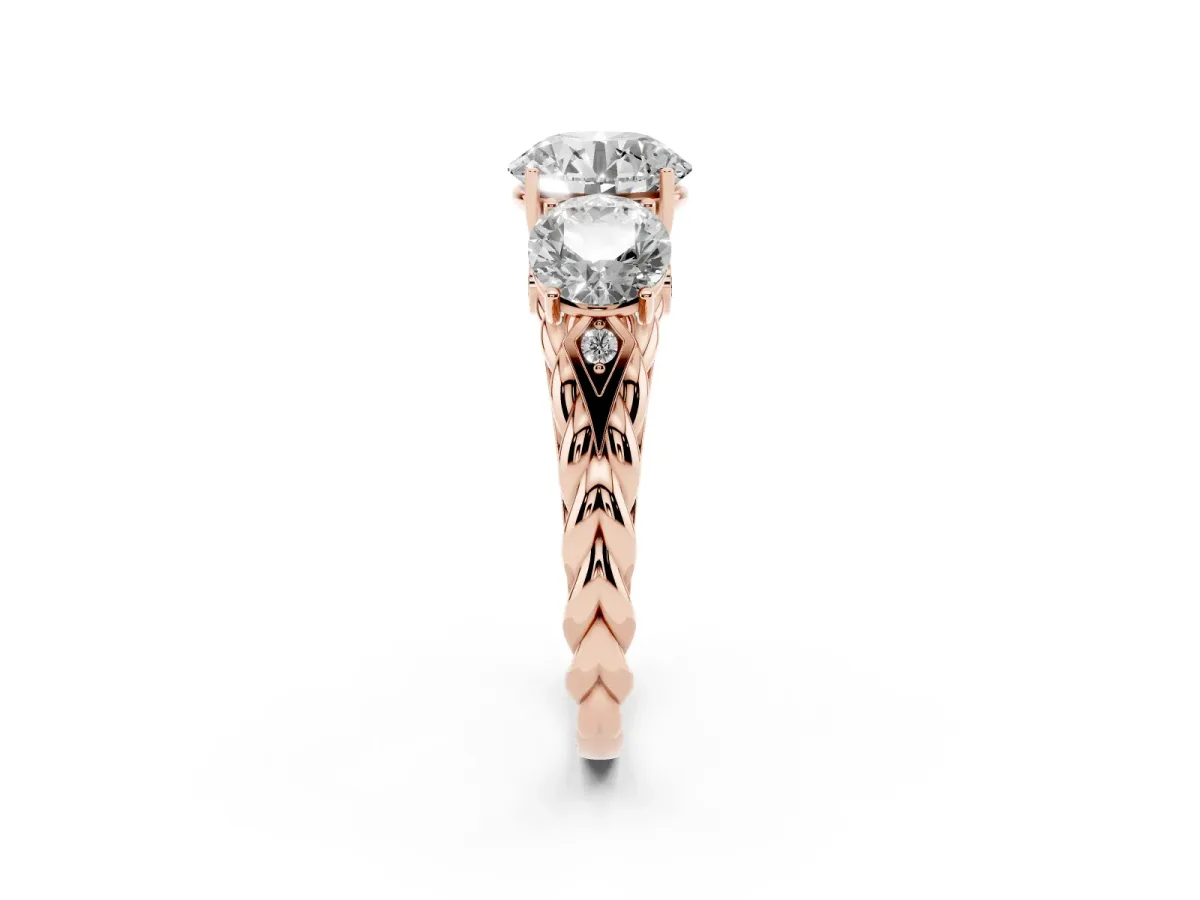 Three-Stone Round Cut Diamond Braided Band Ring with Four-Prong Setting Rose gold