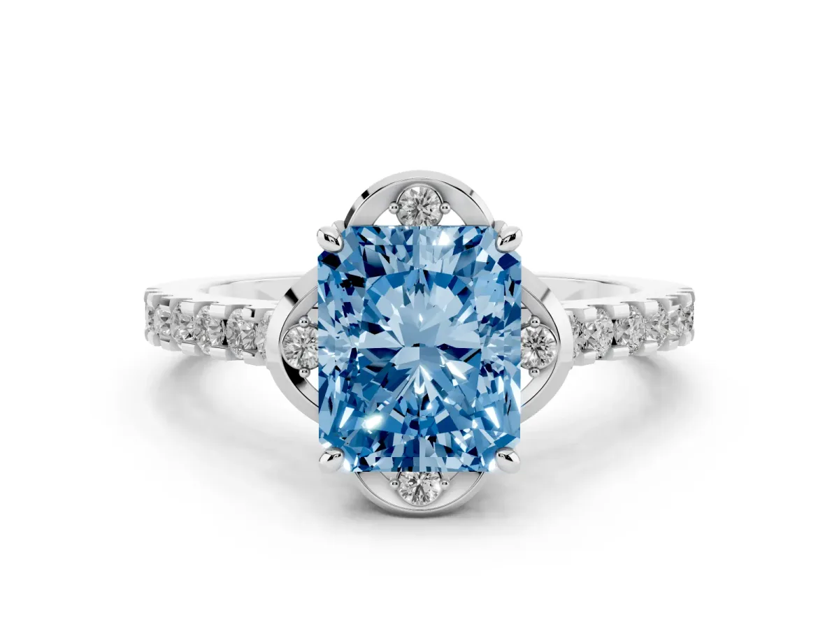 Fancy Blue Radiant Cut Diamond Ring with Pavé Band and Floral Prong Setting White gold