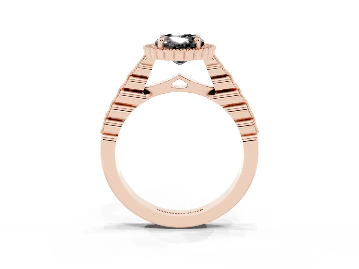 Fancy Black Oval Cut Cut Halo Pavé Solitaire Ring with Milgrain Band Rose gold
