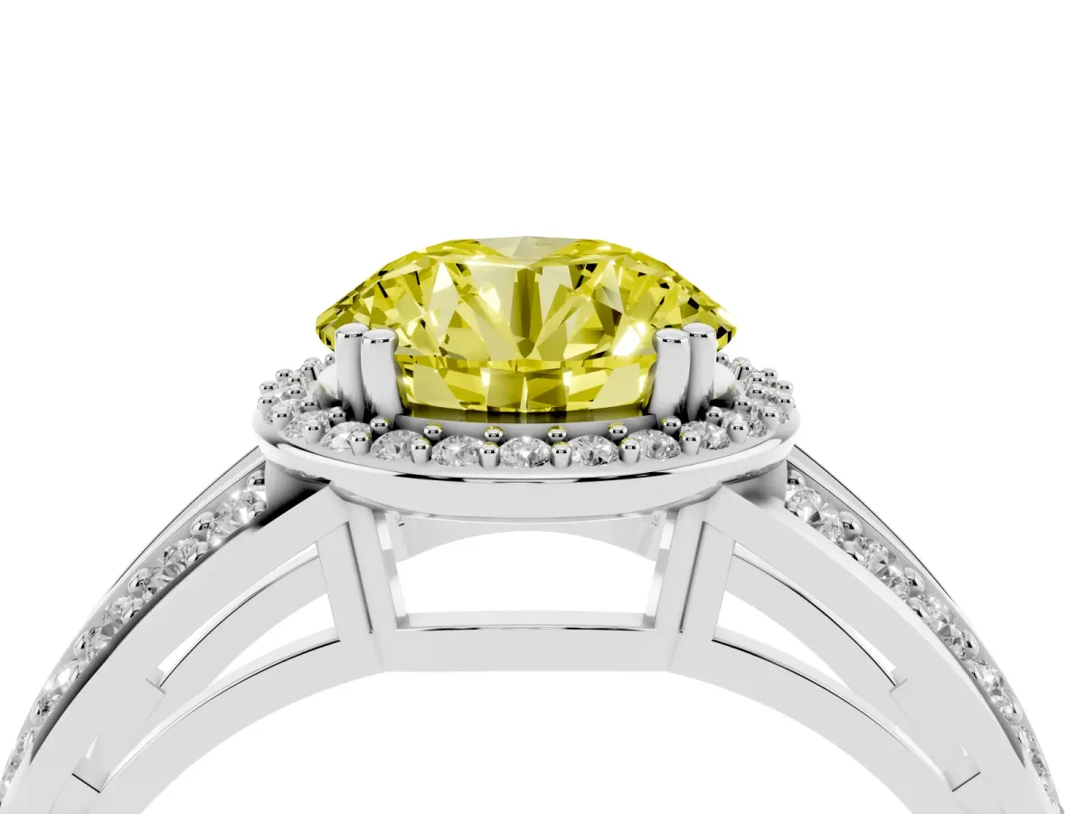 Fancy Yellow Round Cut Diamond Halo Ring with Split Shank Pavé Band and Four-Prong Setting White gold