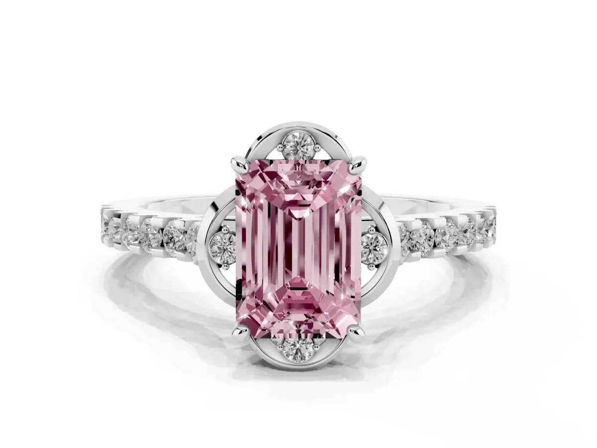 Fancy Pink Emerald Cut Diamond Ring with Pavé Band and Floral Prong Setting Silver