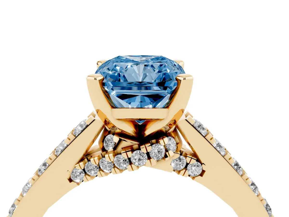 Fancy Blue Radiant Cut Diamond Solitaire Ring with Crossover Gallery and Round Pavé Band Yellow gold