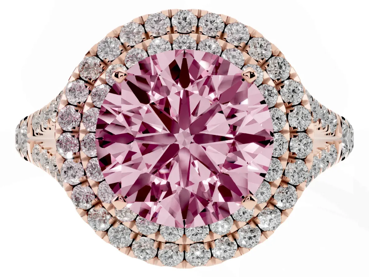 Fancy Pink Double Halo Round Cut Diamond Split Shank Engagement Ring with Four-Prong Setting Rose gold