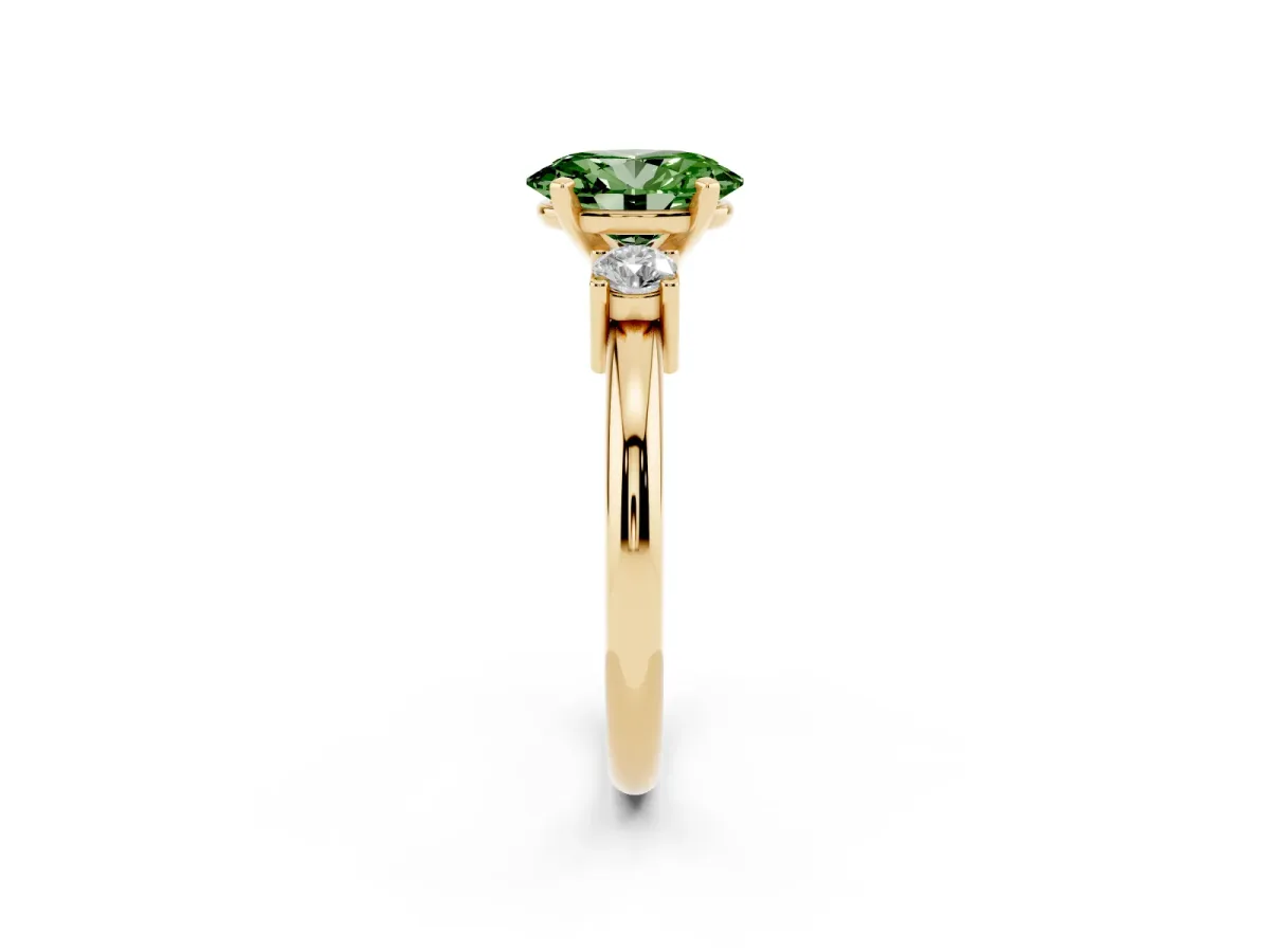 Fancy Green Three-Stone Oval Cut Cut Diamond Solitaire with Prong Setting and Classic Band Yellow gold