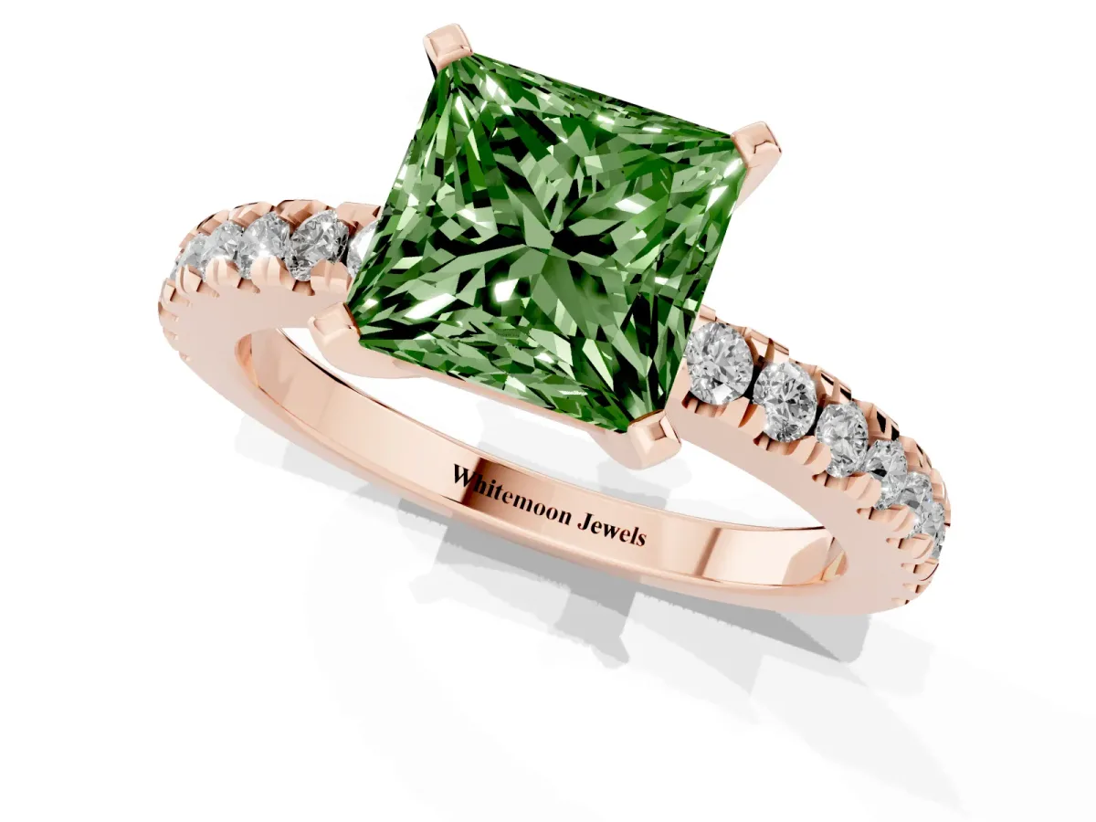 Fancy Green Princess Cut Solitaire Diamond with Pavé Band and Four-Prong Setting Rose gold