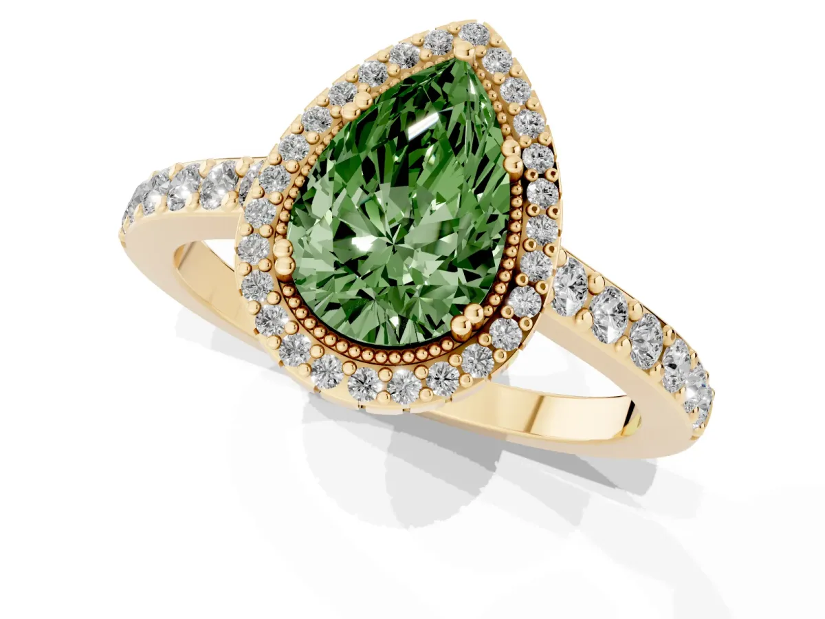 Fancy Green Pear Cut Cut Diamond Halo Engagement Ring with Milgrain Detail and Pavé Band Yellow gold