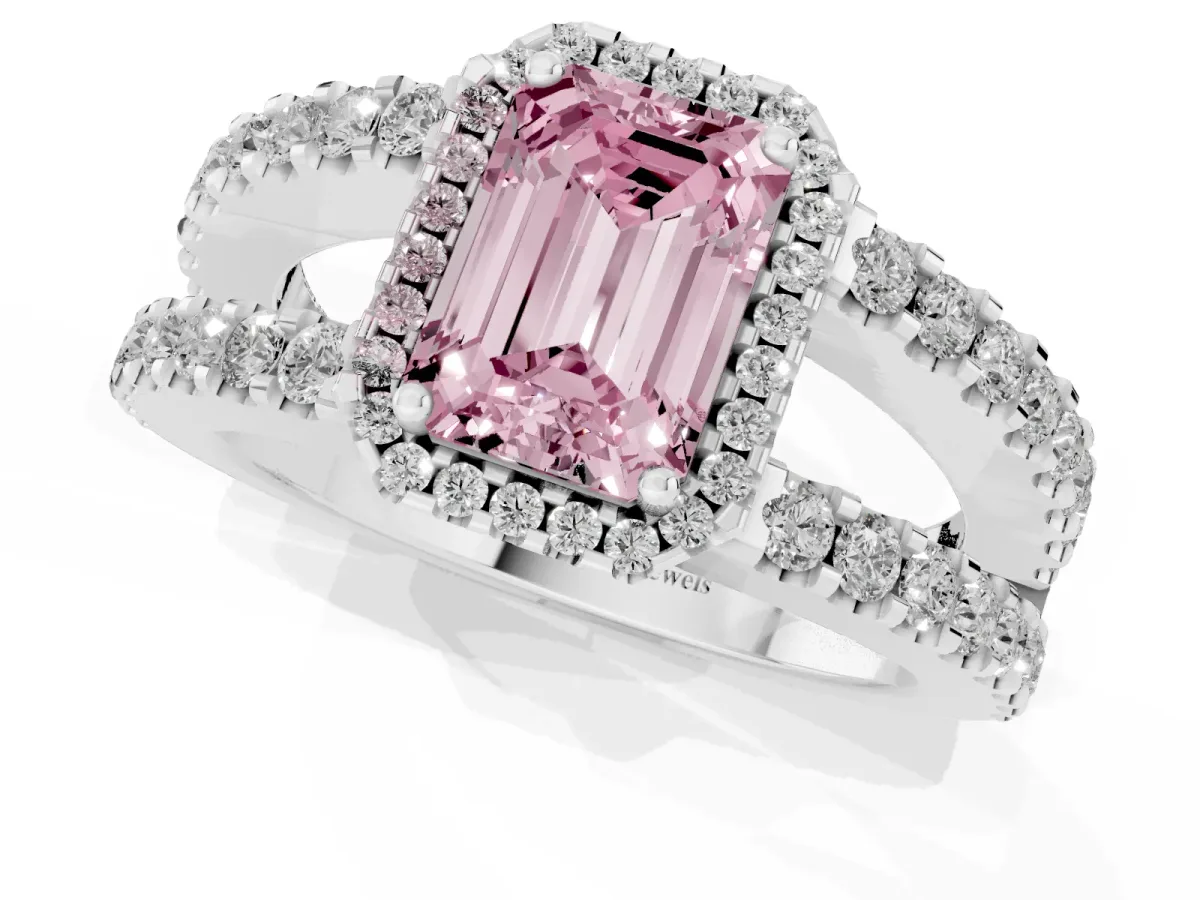 Fancy Pink Emerald Cut Cut Halo Split Shank Diamond Ring with Four-Prong Setting Silver