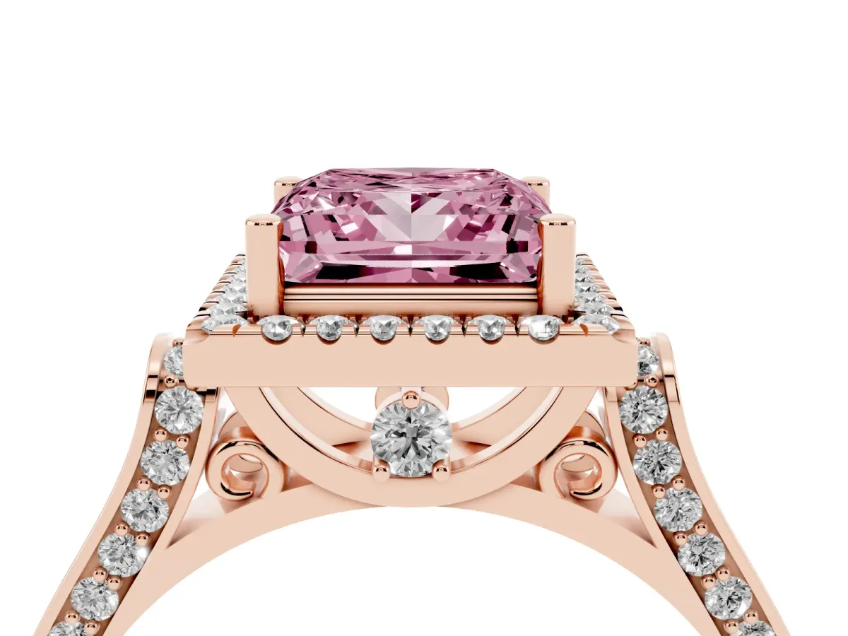 Fancy Pink Princess Cut Halo Round Diamond Twist Band with Four-Prong Setting Rose gold