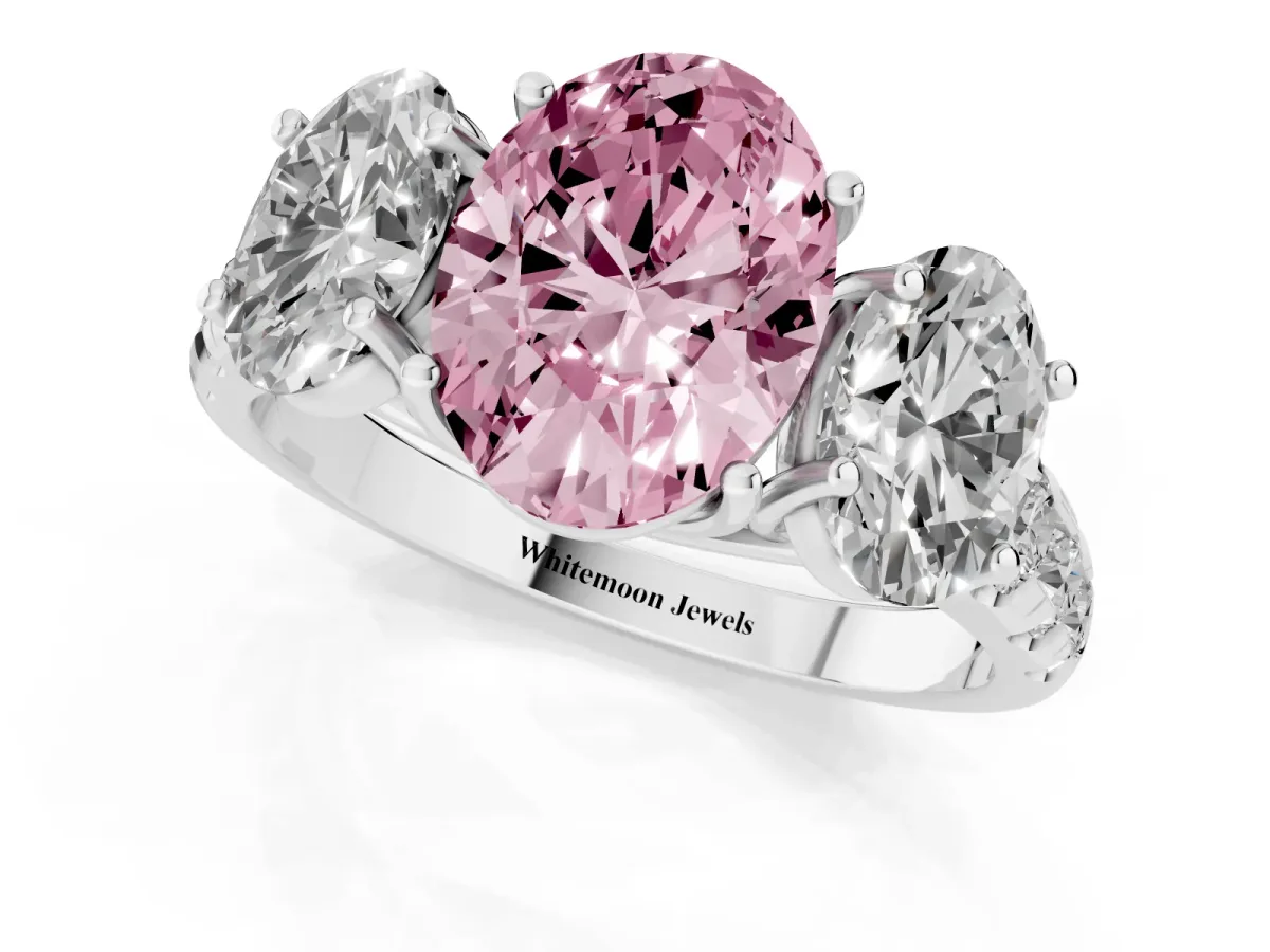 Fancy Pink Three-Stone Oval Cut Diamond Pavé Band with Prong Setting Platinum