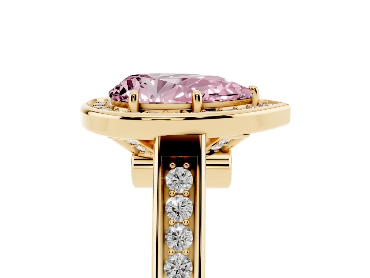 Fancy Pink Pear Cut Halo Solitaire Diamond Ring with Pave Band and Bezel Setting Yellow gold