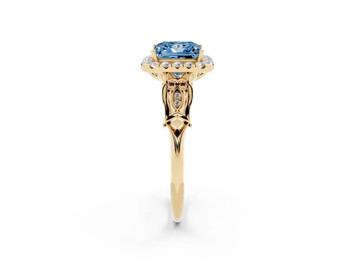Fancy Blue Princess Cut Halo Diamond Engagement Ring with Filigree Band and Four-Prong Setting Yellow gold