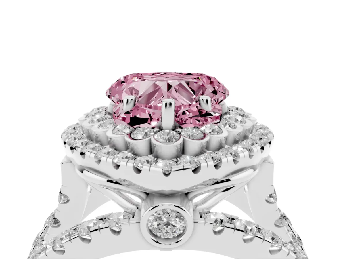 Fancy Pink Heart Cut Diamond Double Halo Ring with Round Pavé Split Shank and Prong Setting Silver