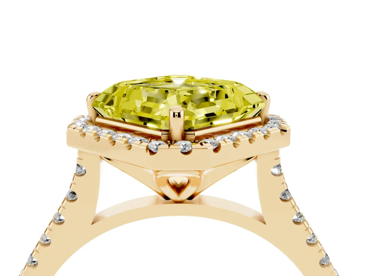 Fancy Yellow Asscher Cut Diamond Cushion Halo Ring with Pavé Band Yellow gold