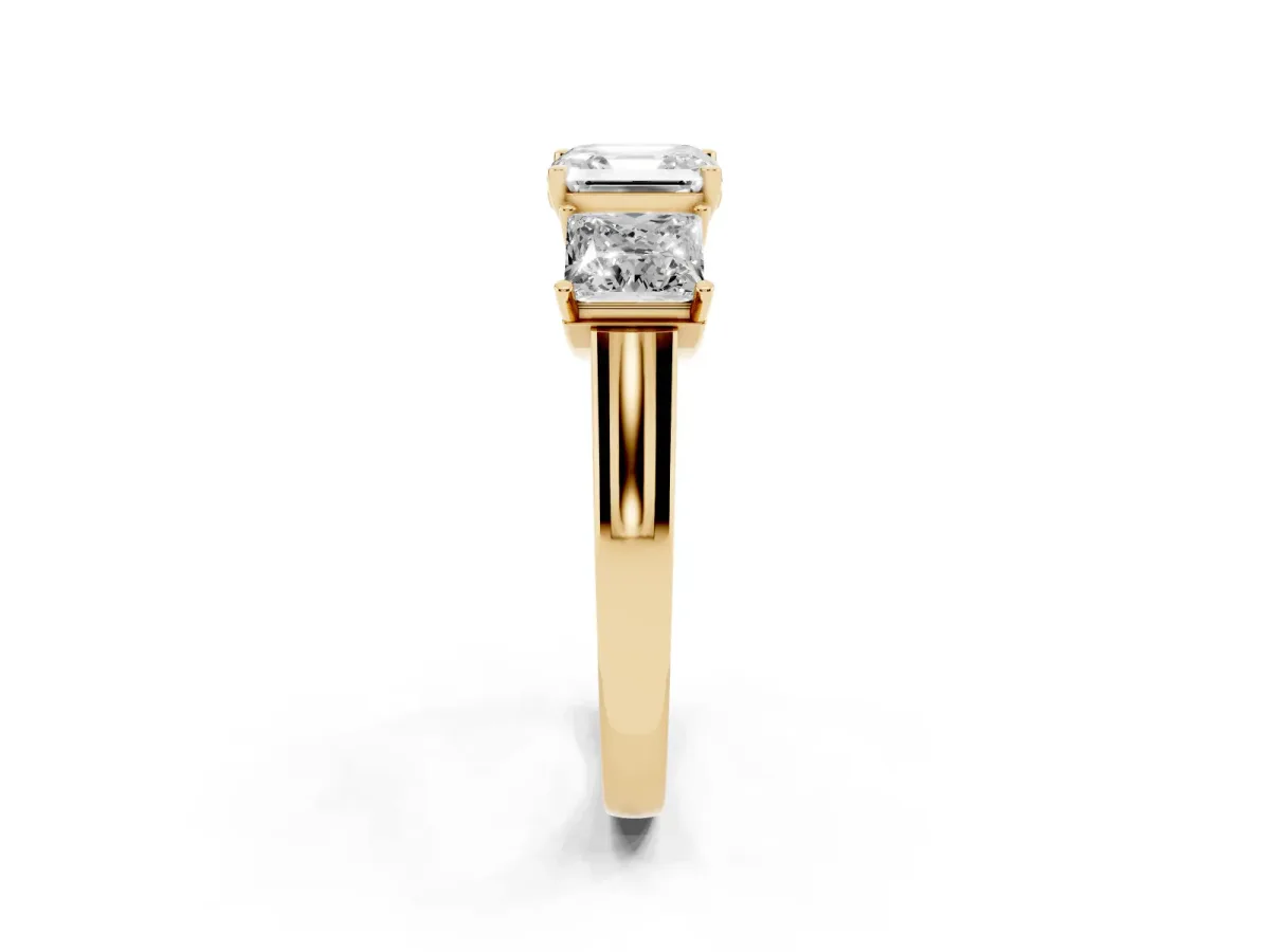 Three-Stone Asscher Cut Brilliant Diamond Trellis Ring with Comfort Fit Band Yellow gold