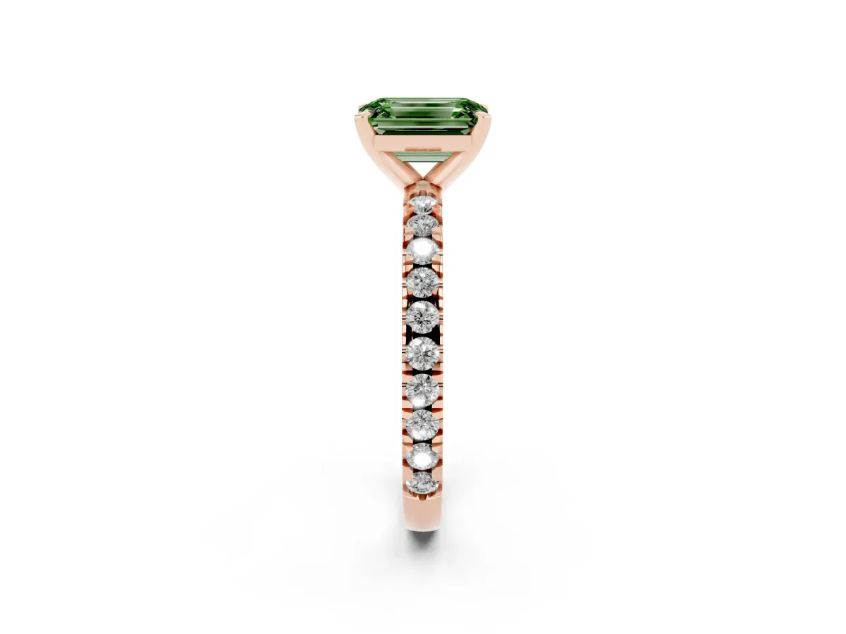 Fancy Green Emerald Cut Diamond Pavé Band Solitaire with Four-Prong Setting Rose gold