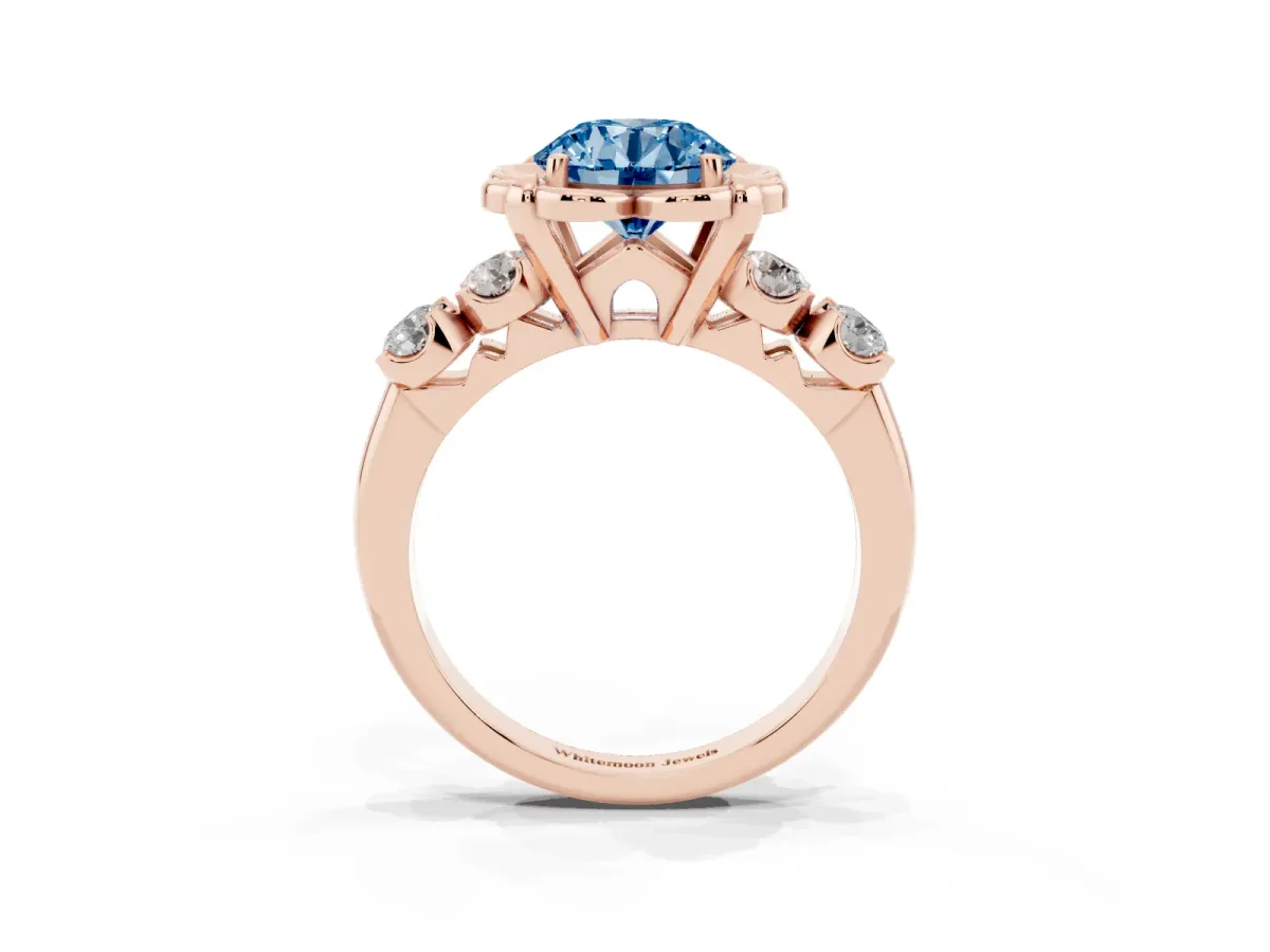 Fancy Blue Round Cut Cut Diamond Floral Halo Engagement Ring with Shared Prong Setting Rose gold