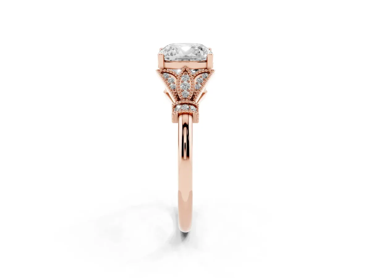 Cushion Cut Diamond Solitaire Ring with Floral Filigree and Pave Accents Rose gold
