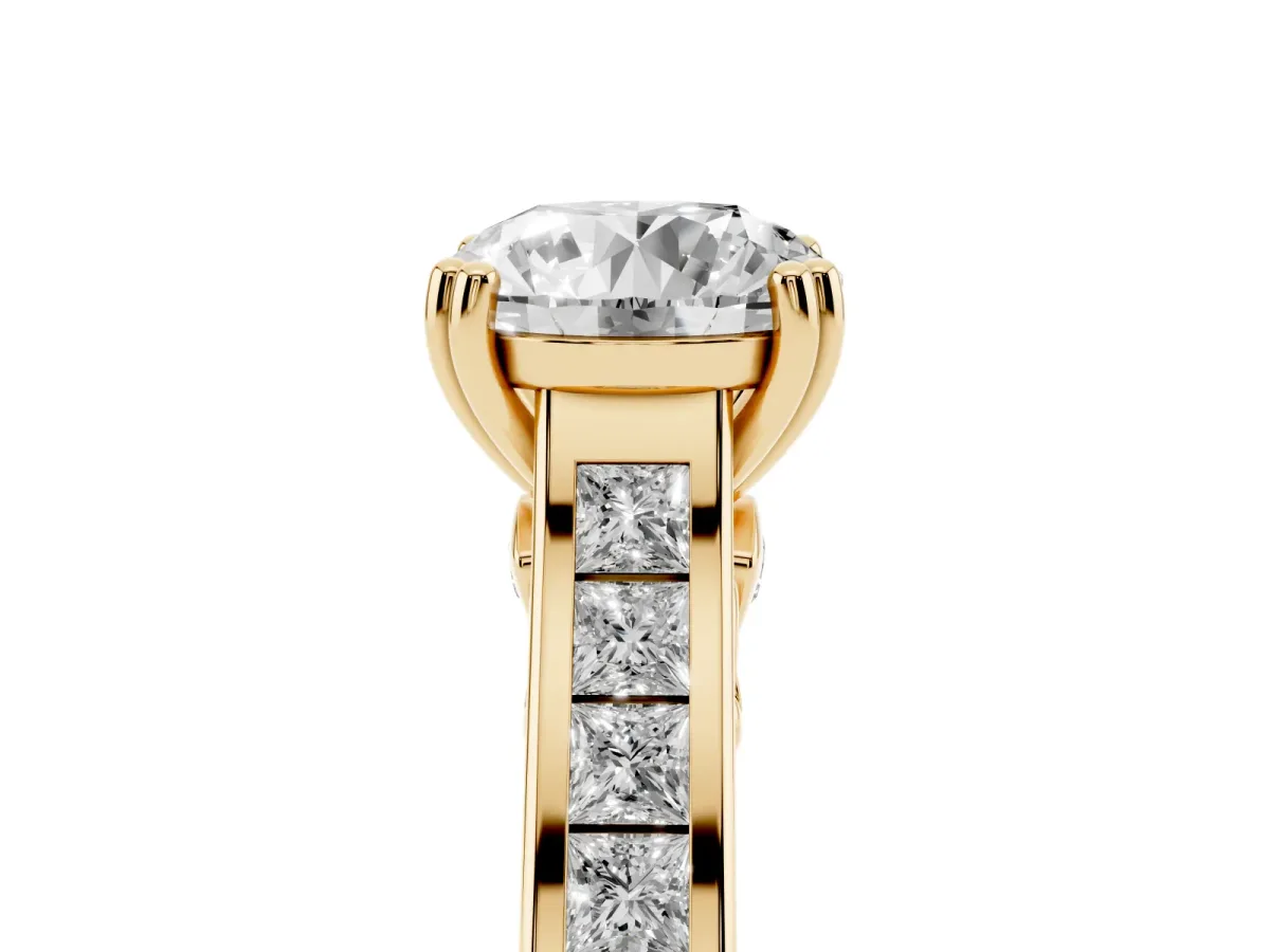Round Cut Cut Channel Set Solitaire Engagement Ring with Prong Setting Yellow gold